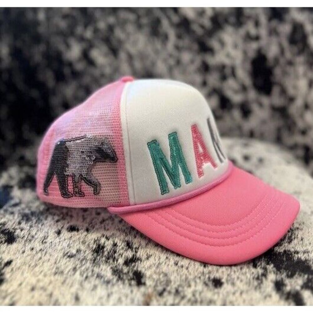 New SIMPLY SOUTHERN Sequin Letter MAMA Bear Trucker Cap Hat Mesh Back Pink